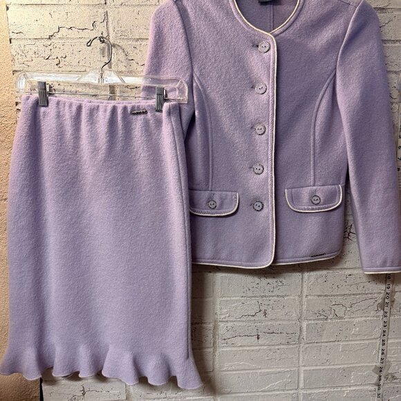 Geiger Pure Wool Lilac Skirt Suit Set – Size 34 (Jacket + Ruffle Hem Skirt) – - Picture 1 of 16